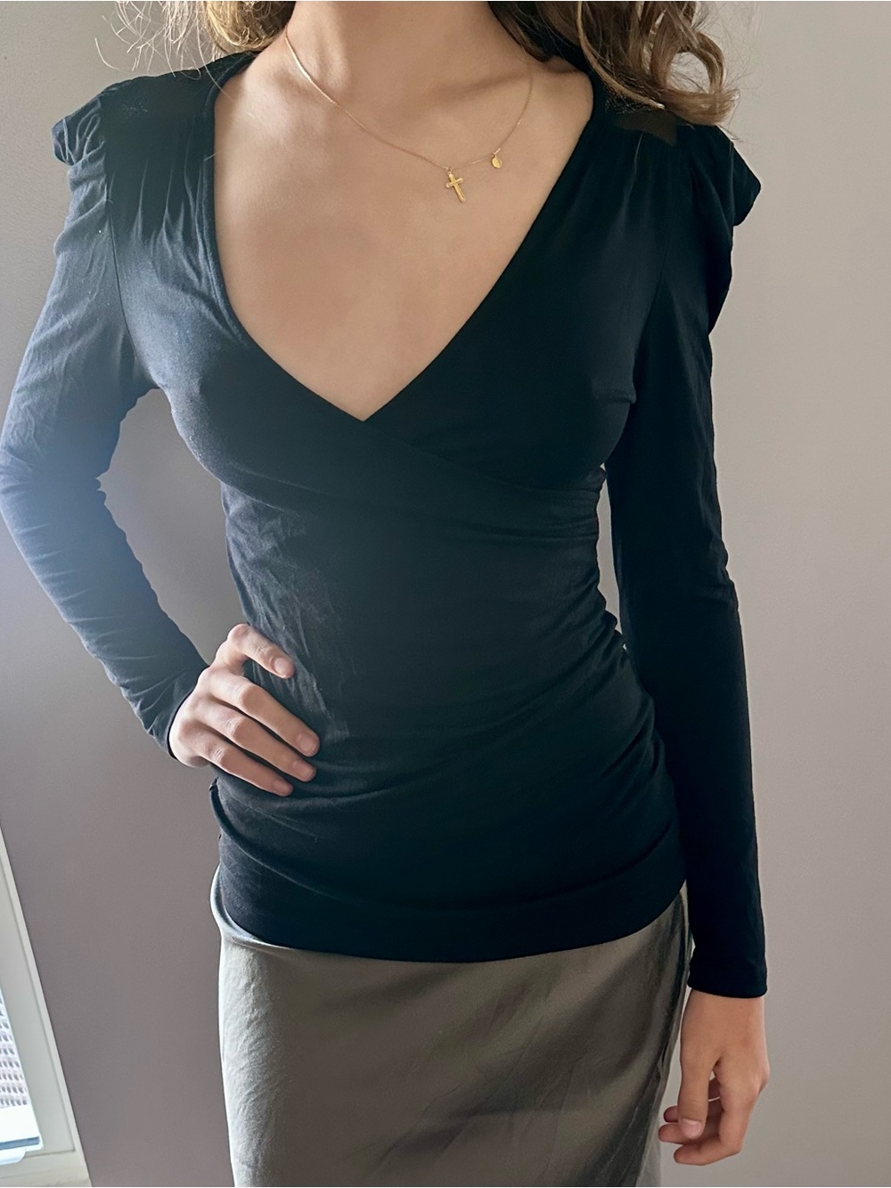 Bebe Black Lace Back Keyhole Long Sleeve Ruched Top XS Y2K